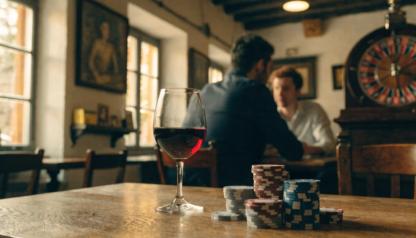 Café español con fichas de casino y ruleta vintage