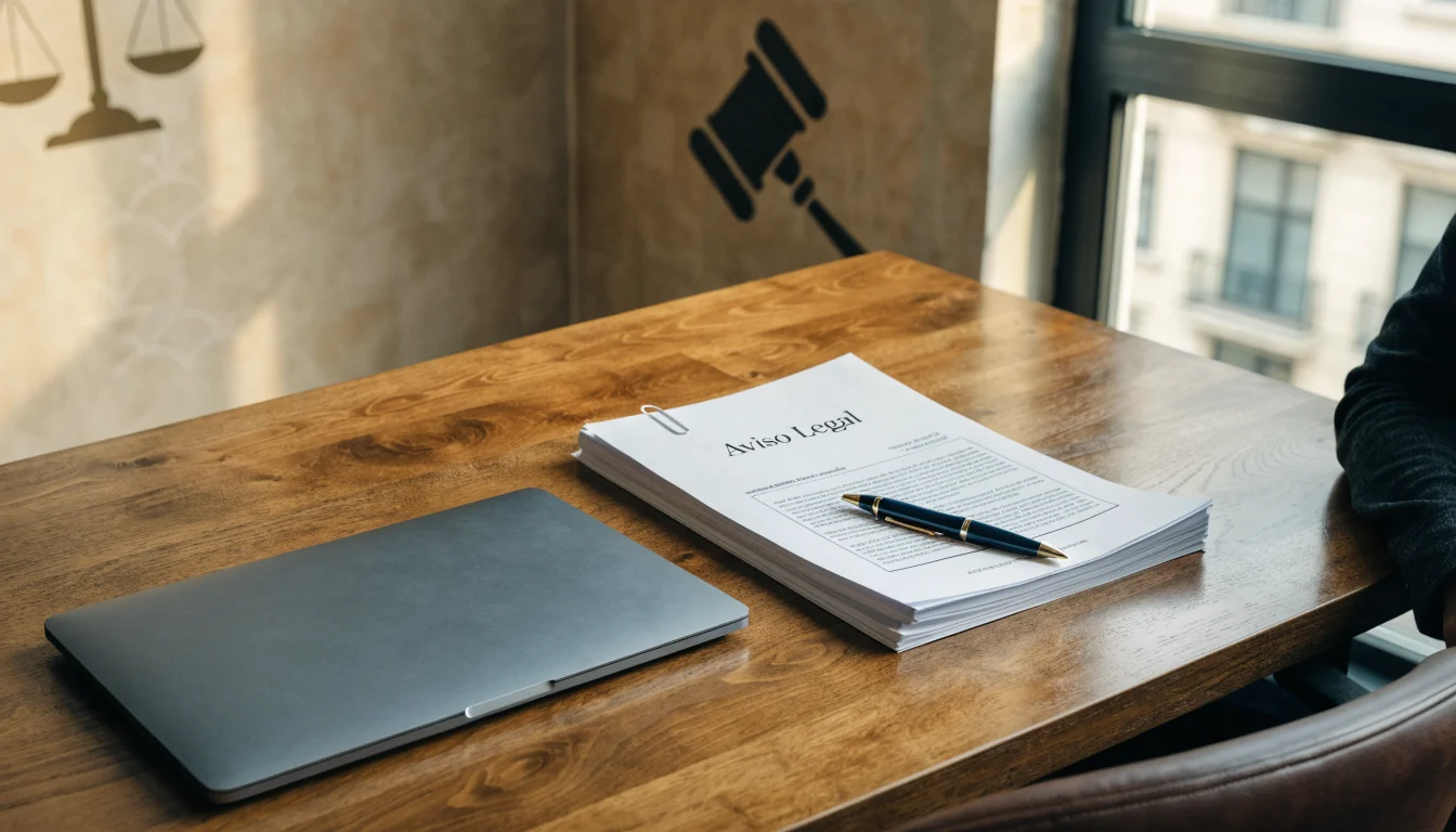 Escritorio legal español con documentos y laptop cerrada