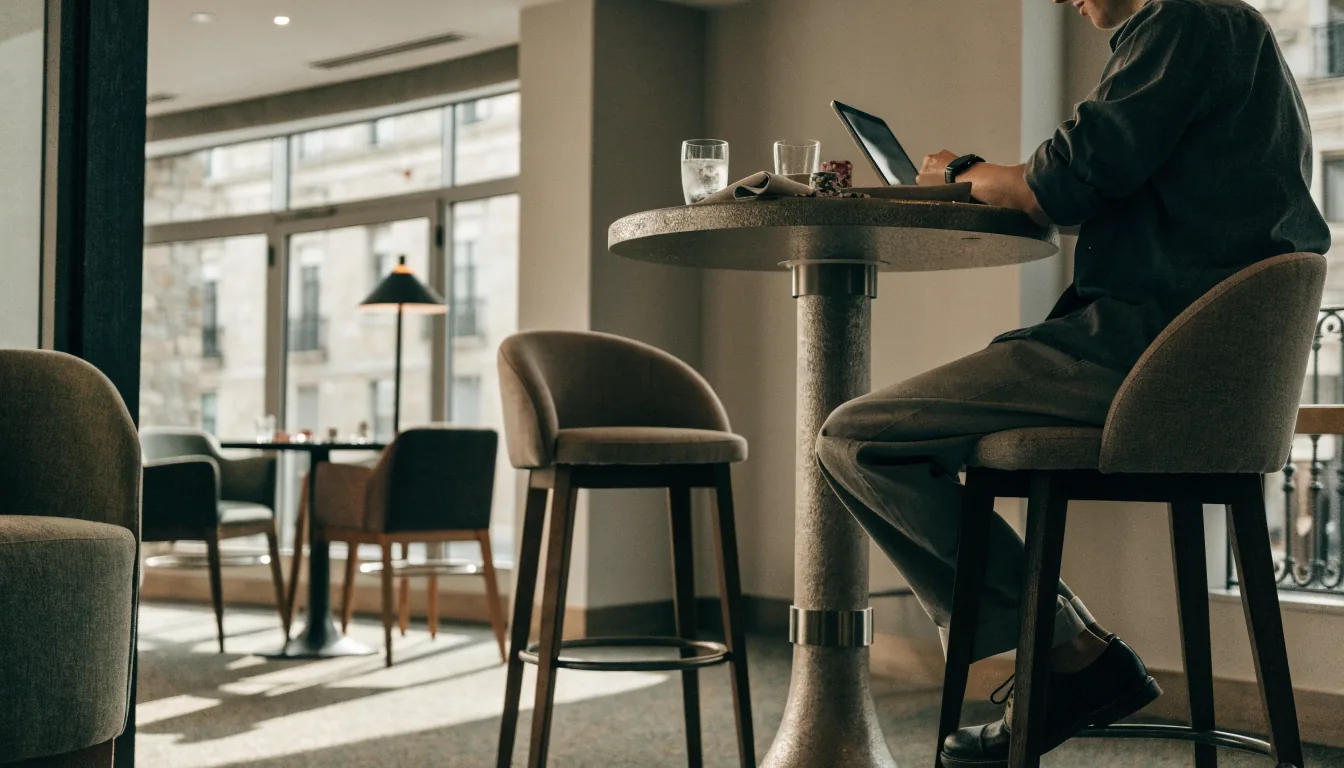 Adult en un lounge de casino español con fichas y cartas