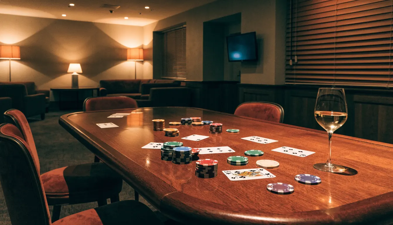 Lounge de casino español con fichas y cartas, luz cálida