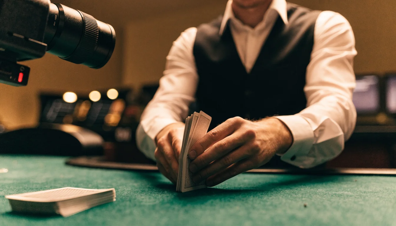 Dealer profesional en un estudio de casino en vivo, luz cálida.