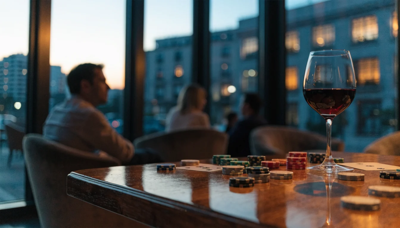 Salón elegante español con fichas de baccarat y vino.