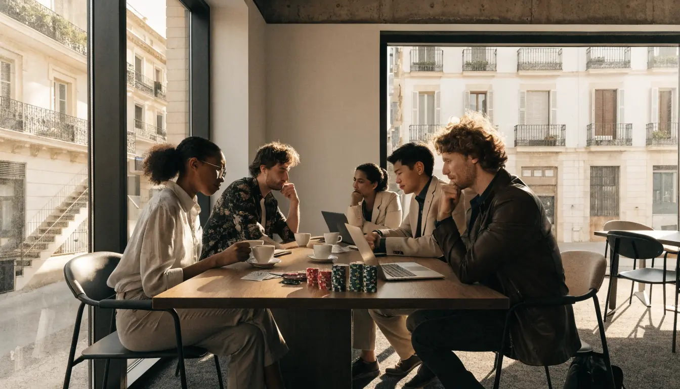 Espacio de coworking con fichas de casino y laptops