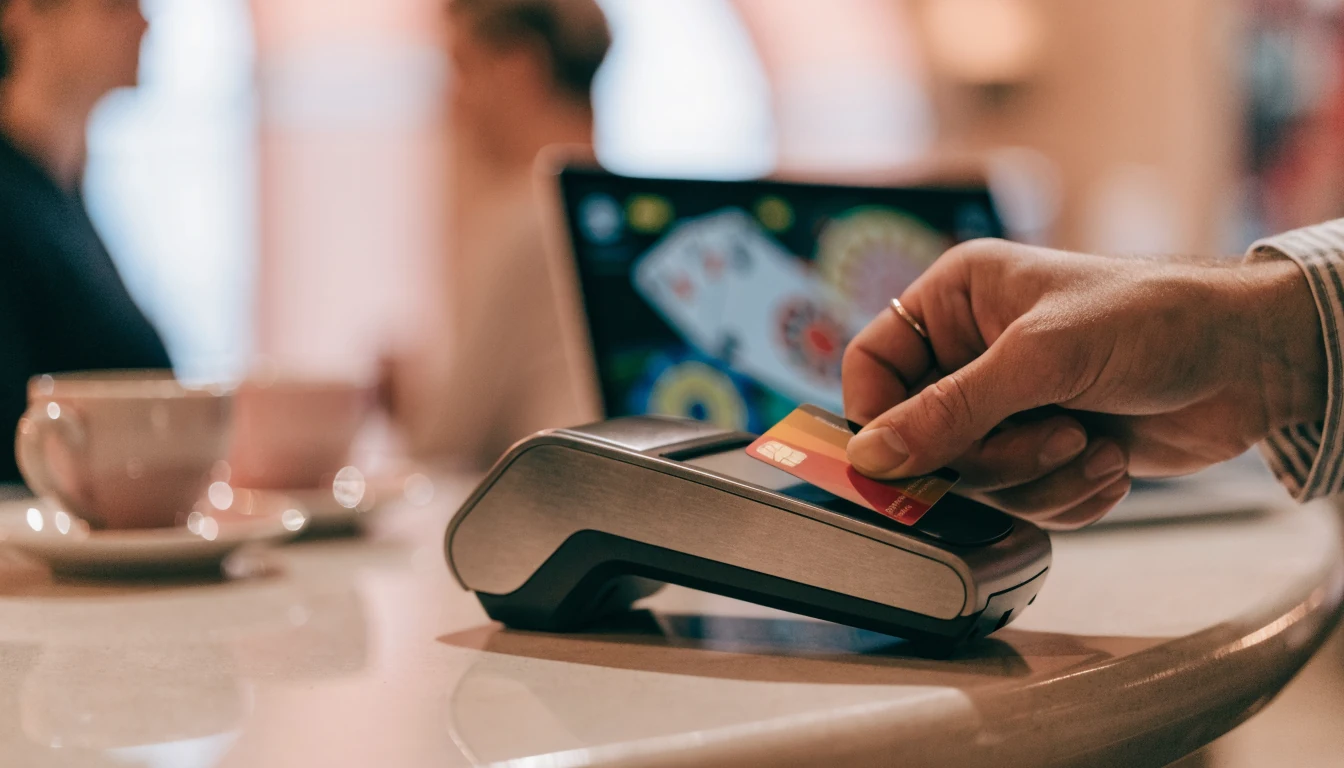 Mano insertando una tarjeta Mastercard en terminal en café español.