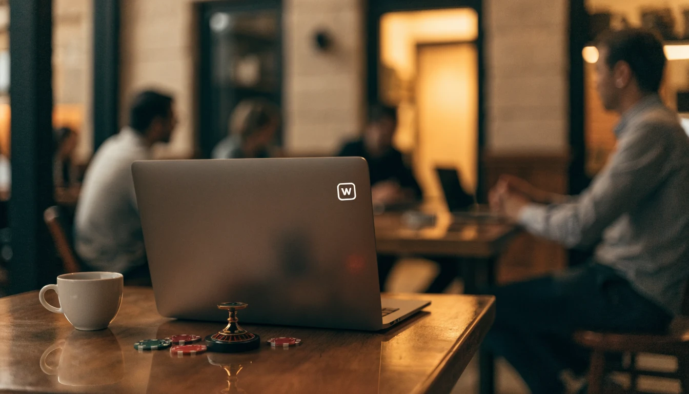 Espacio de trabajo español con laptop, fichas de casino y rueda miniatura