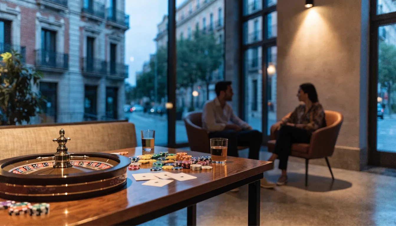 Salón elegante con fichas y ruleta, luz cálida al atardecer