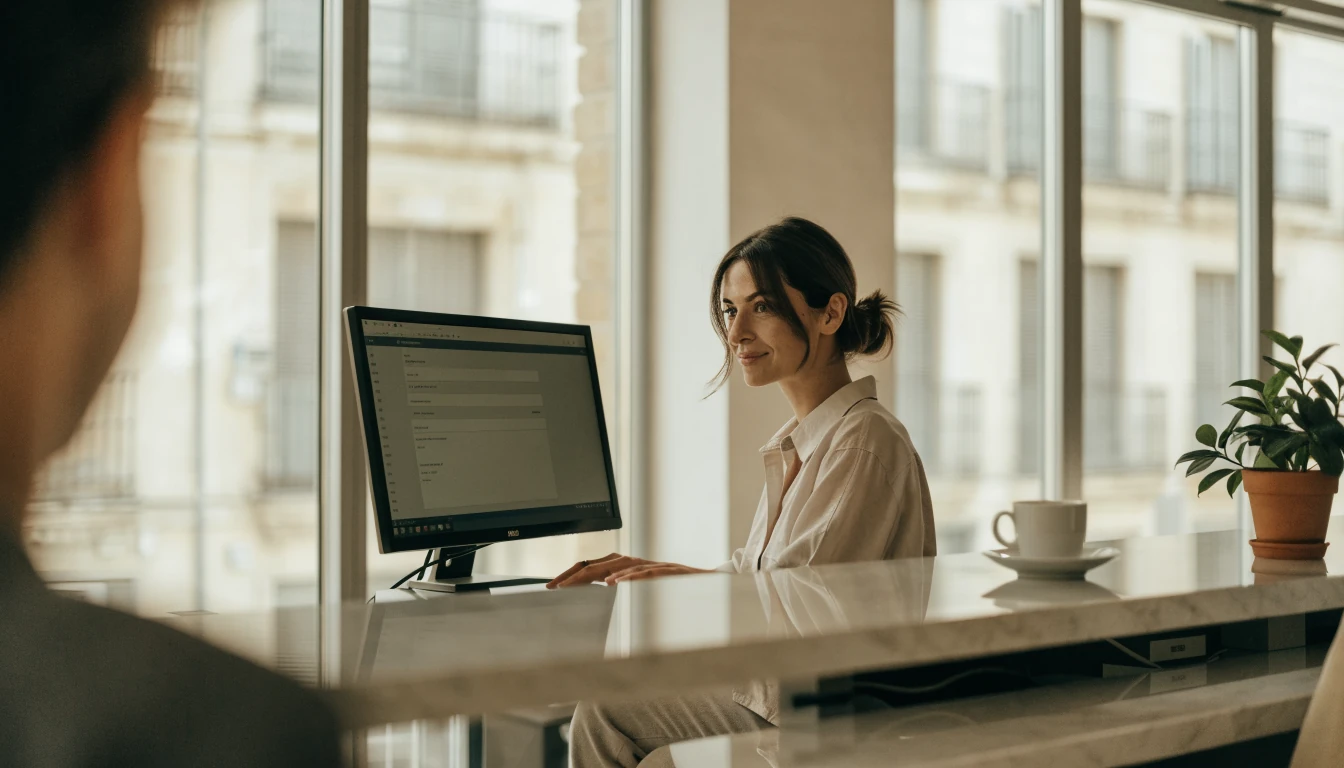 Recepción de oficina moderna con personal amable y ambiente cálido