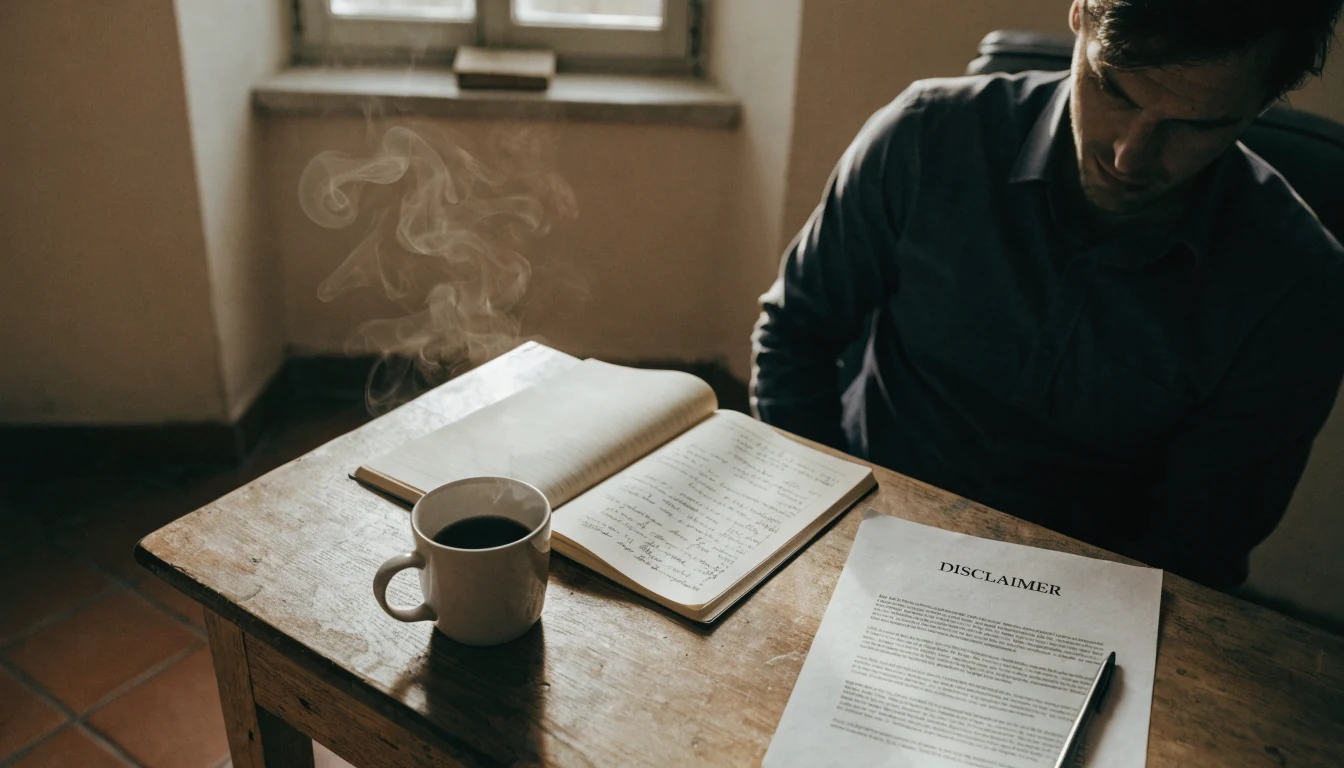 Escritorio sencillo con café y notas, luz natural.