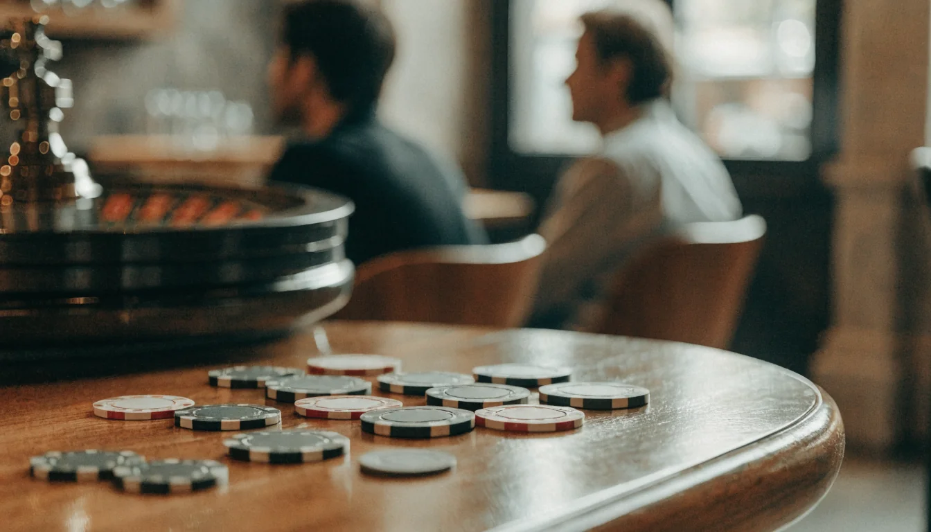 Mesa de café con fichas de casino y rueda de ruleta en fondo