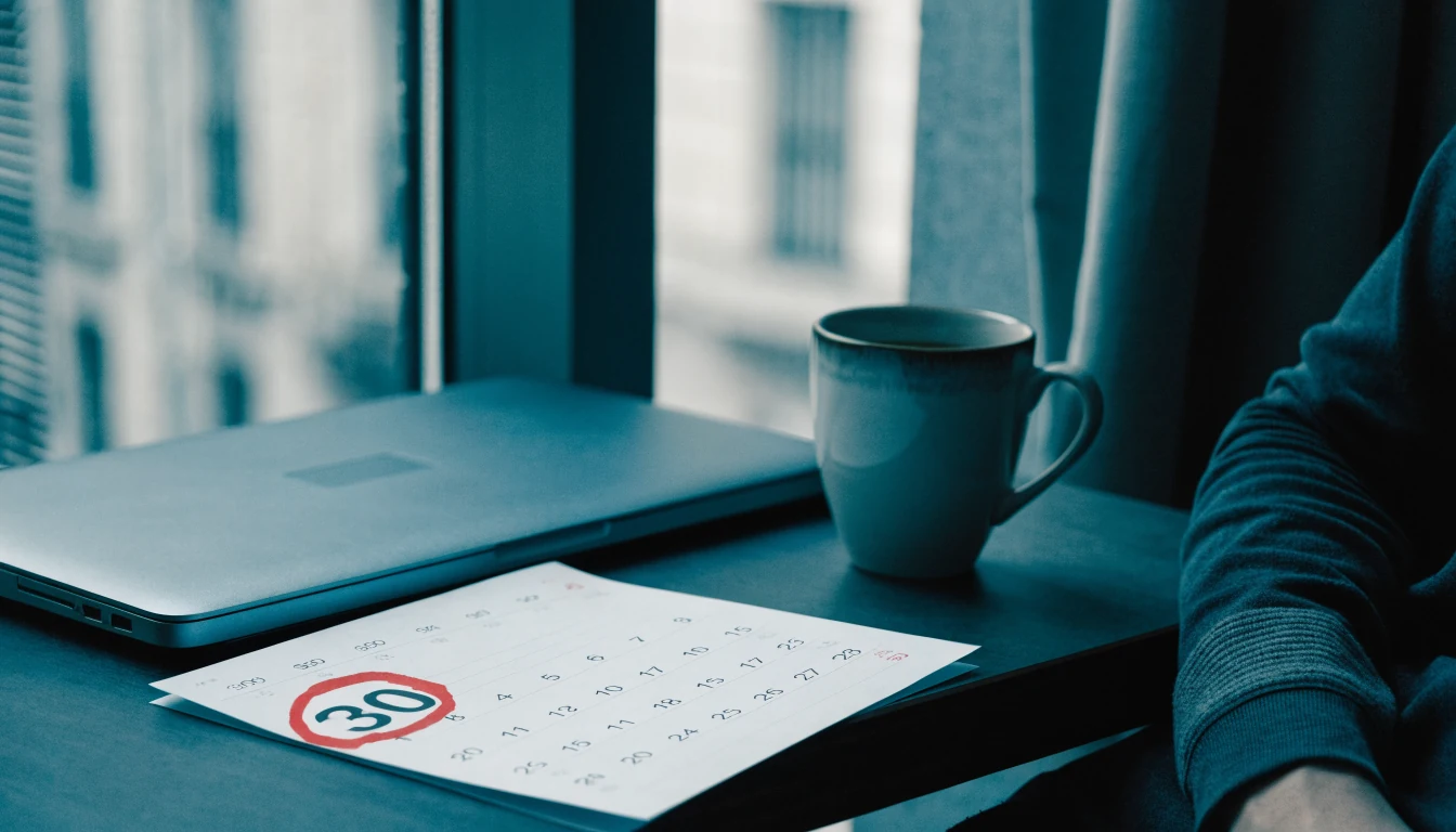 Calendario marcando el día 30 junto a una taza de café