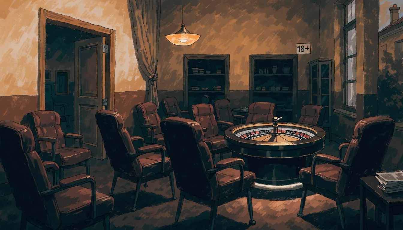 Salón de juego vacío con señal de 18+ en la pared