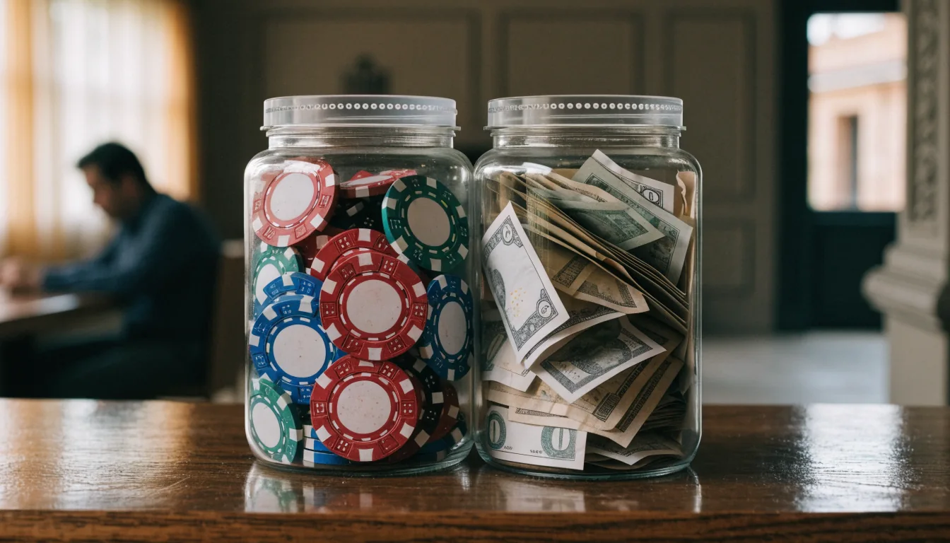 Dos frascos transparentes con fichas y billetes separados