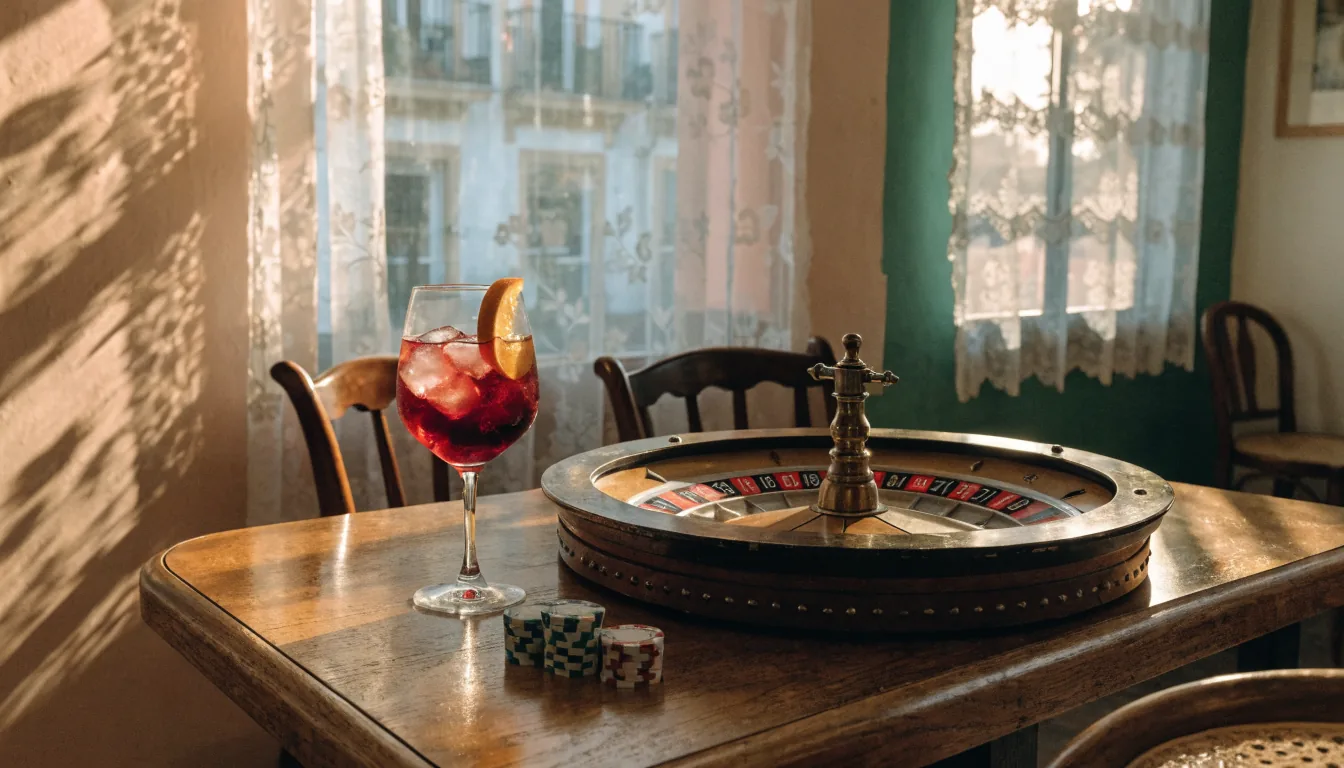 Café español con ruleta, fichas y sangría al atardecer