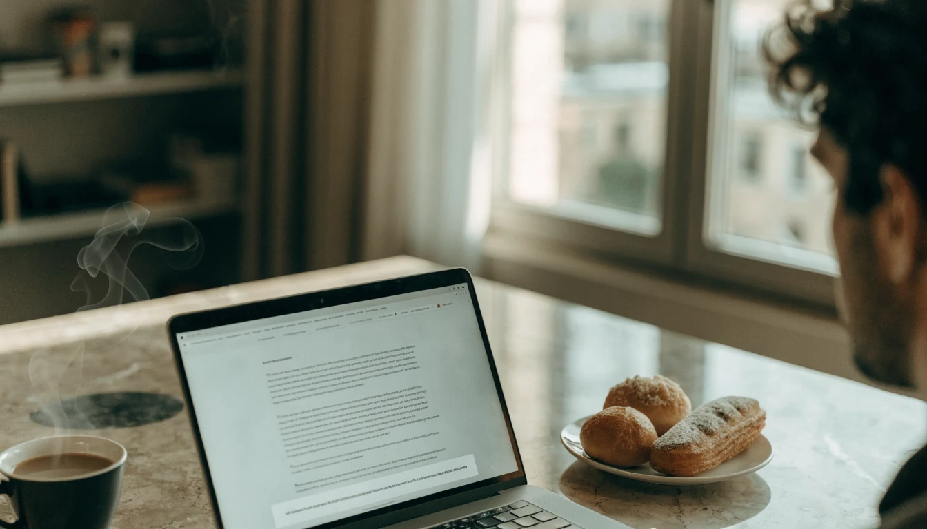 Escritorio español con laptop y pastelitos, luz natural cálida