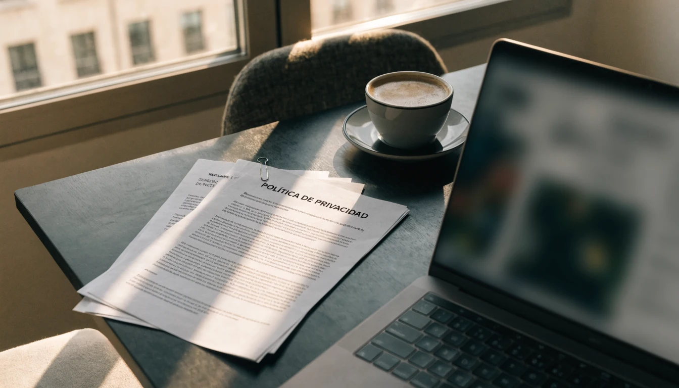 Escritorio con laptop, documentos de privacidad y taza de café