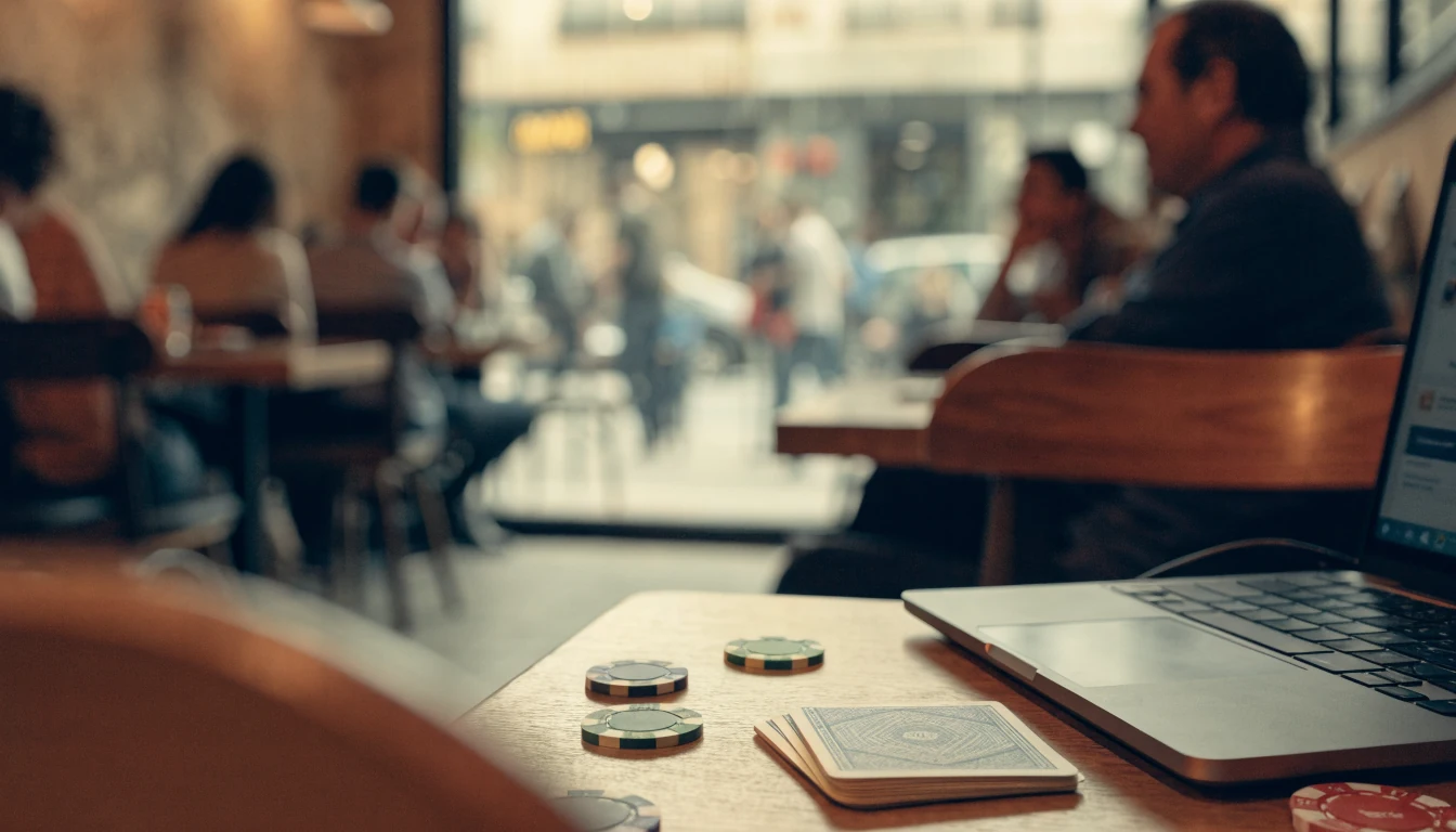 Mesa de café con fichas de casino y cartas, luz cálida, laptop desenfocado