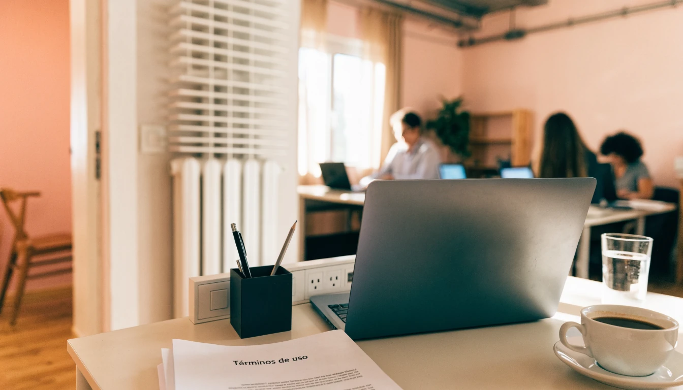 Escritorio con laptop, documentos legales y taza de café en oficina española.